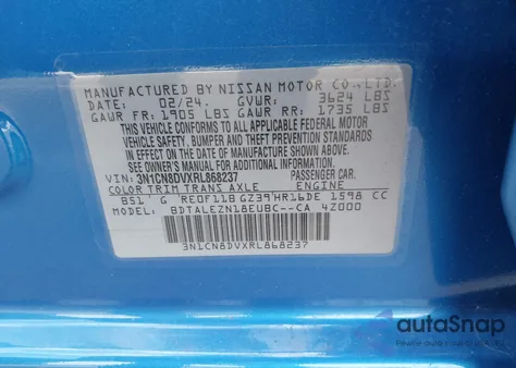 2024 Nissan Versa 1.6 S from USA, damaged, VIN 3N1CN8DVXRL868237